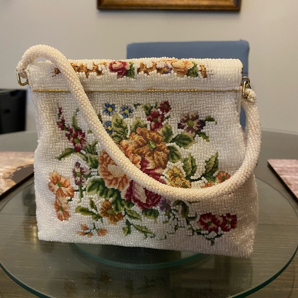 Vintage Walborg Beaded Purse 70s Pearl Beading Colorful Floral Embroidery